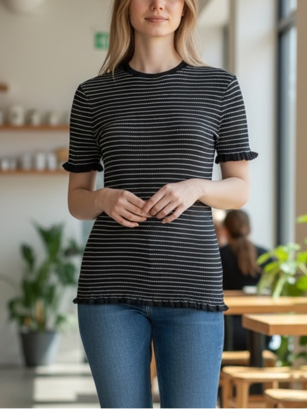 ZARA Navy White Striped Ribbed Knit Top Ruffle Trim Short Sleeve Fitted Tee L